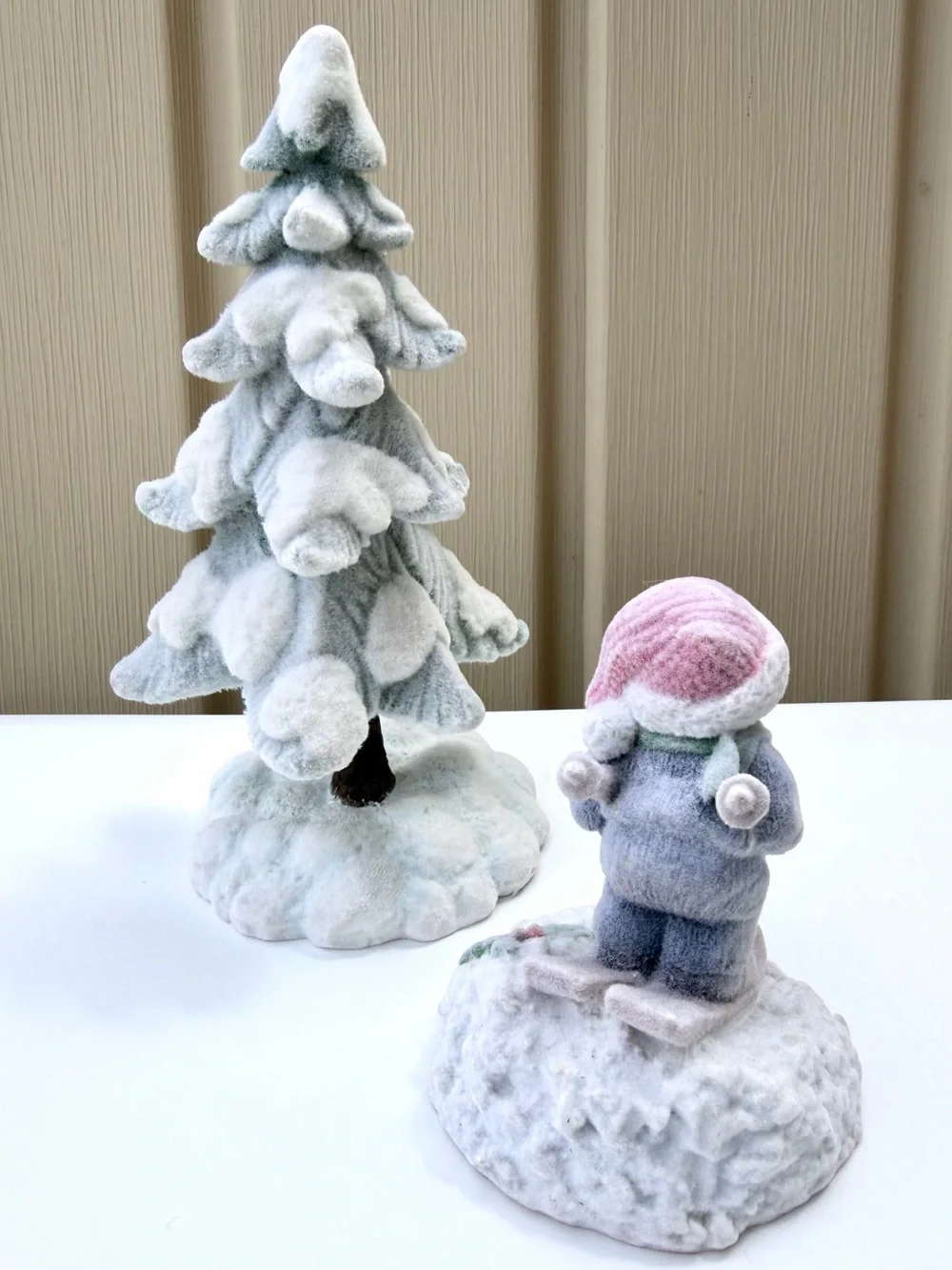 Vintage Flocked Snowy Tree & Skiing Bear Figurine Christmas Holiday Winter Decor